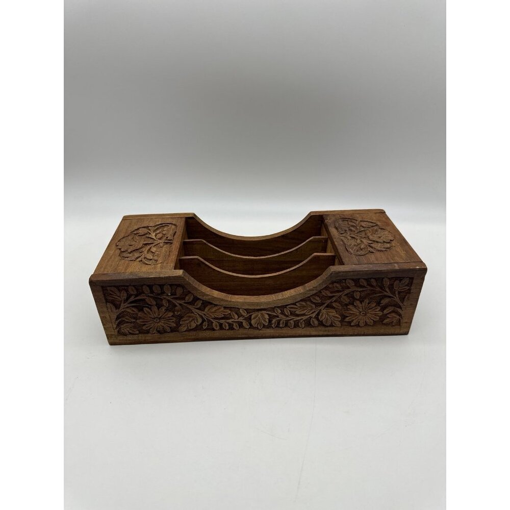 Vintage Boho India Wood Floral Carved Letter Holder Catchall Office Decor